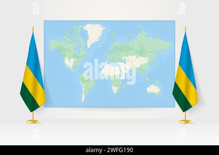 Weltkarte zwischen zwei hängenden Fahnen Ruandas am Fahnenstand. Vektor-Illustration für Diplomatie-Treffen, Pressekonferenz und andere. Stock Vektor
