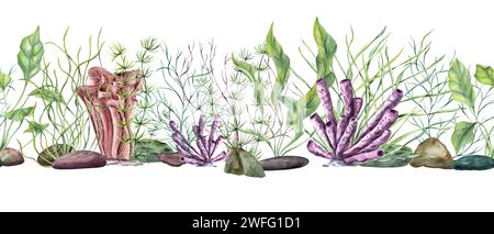 Horizontales, nahtloses Banner mit Unterwasserpflanzen, Korallen, Steinen. Grüne, gelbe Seetang, farbige Polypen, Kieselsteine. Unterwasserwelt der Lagune. Meeresfauna. Stockfoto