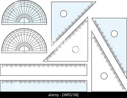 Winkelmesser und dreieckiges Lineal. Transparentes und hellblaues Lineal. Einfache Illustration in flacher Ausführung. Stock Vektor