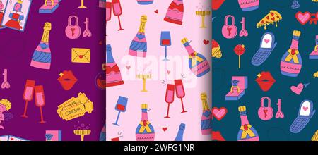 Set aus nahtlosen Mustern zum Valentinstag. Niedliche Doodle-Illustrationen. Grooviger Retro-STYLE. Vektorabbildung Stock Vektor