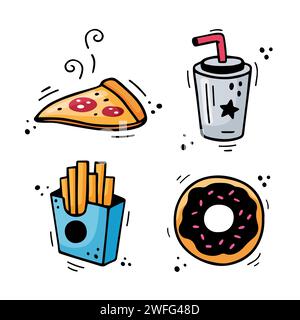 Fastfood-Ikonen - Pizza, Pommes frites, Getränk, Schokoladen-Donut. Handgezogene Fastfood-Kombination. Comic Doodle Sketch Stil. Bunte Snacks, gezeichnet mit Filzstift. Vektorabbildung Stock Vektor