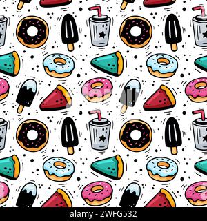 Muster für Fast Food-Desserts. Handgezeichnete Fast Food Desserts Ikonen. Skizze mit süßen Snack-Elementen - Eis, Donuts, Kuchen, Getränk, Milchshake. Fastfood-Illustration im Doodle-Stil. Stock Vektor