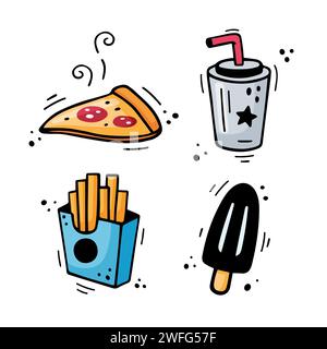 Fastfood-Symbole - Pizza, Pommes Frites, Pappbecher mit Getränk, Eis. Handgezeichnete Fast Food-Combo. Comic-Doodle-Style. Bunte Snacks, gezeichnet mit Filzstift. Vektorabbildung Stock Vektor