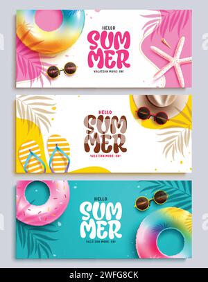 Design des Hello-Banners für den Sommer. Hallo Sommer Text Gruß mit Strand, tropischen und saisonalen Elementen für Poster und Vorlagen Kollektion. Vektor Stock Vektor