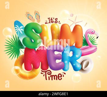 Sommerzeit 3D-Textvektor-Design. Farbenfrohe 3D-Schriftart mit Floatern, Flamingo, Surfbrett, Hut und Flipflop-Elementen für den Strand Stock Vektor