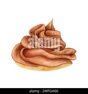 Aquarellzeichnung mit Sahne-Schokolade. Cupcake Eis süße, leckere Butter. Mousse-Schaum-Belag Dessert-Illustration. Geburtstagsfeier Stockfoto