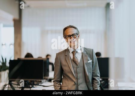 Porträt eines lächelnden reifen Geschäftsmannes mit Brille im Büro Stockfoto