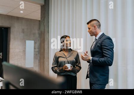 Junger Geschäftsmann, der mit einer Geschäftsfrau im Amt spricht Stockfoto