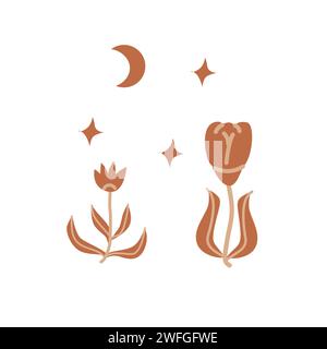 Handgezeichnete Blumenboho-Elemente - Blumen und Mond, Sterne. Vektorillustration in brauner Farbe. Stock Vektor