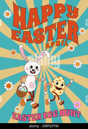 Groovy Happy Easter Poster Vintage. Lustiger Hase mit Ei, Ostereiersuche Stock Vektor