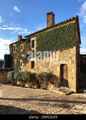 Traditionelle Steinhausfassade mit Efeu. Pals Old Quarter. Girona Stockfoto