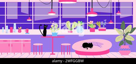 Büroeinrichtungen und entwerfen isolierte Cartoon-Vektorbilder. Lustige schwarze Katzen im Zimmer spielen und verstecken sich in Zimmerpflanzen. Retro-Style 60s, 70s. Haustierfreundlich. Helle Einrichtung mit großen Fenstern und Holzfußboden. Stock Vektor