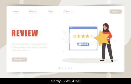 Kundenrezension. Vorlage für Landing-Page. Arabische Frau mit fünf Sternen. Dialogfenster in der Anwendung mit Feedback. Weibliche Figur verlässt Stock Vektor