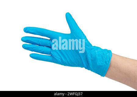 Doktor trägt blaue Nitrilhandschuhe isoliert auf weißem Hintergrund Stockfoto