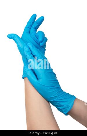 Doktor trägt blaue Nitrilhandschuhe isoliert auf weißem Hintergrund Stockfoto