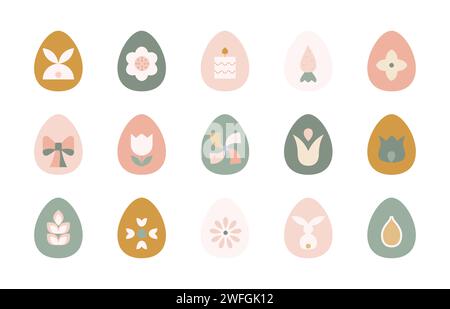 Abstrakte geometrische ostereier-Ikonen. Minimalistische osterillustrationen in Pastellfarben mit niedlichen Häschen, Blumen, Kerzen und Karotten. Stock Vektor