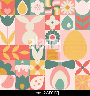 Niedliches geometrisches nahtloses Ostermuster. Abstrakter flacher Vektor-Feiertagshintergrund mit ostern, Frühlingssymbolen. Stock Vektor