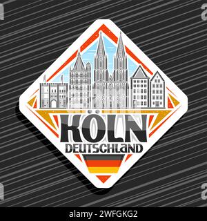 Vektor-Logo für Köln, weißes Rhombus-Straßenschild mit Umrissillustration der berühmten europäischen koln-Stadtlandschaft auf Tageshimmel-Hintergrund, dekorative städtische Ref Stock Vektor