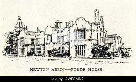 Stift- und Tuschenskizze - Newton Abt Forde House. Forde House, heute als Old Forde House bekannt, ist ein ehemaliges Herrenhaus aus dem Jahr 1550 in Newton Abbot, Devon, England. Aus dem Buch Glorious Devon. Von S.P.B. Mais, veröffentlicht von der London Great Western Railway Company, 1928 Stockfoto