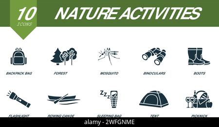 Symbolsatz für Aktivitäten in der Natur. Kreative Symbole: Rucksacktasche, Wald, Mücke, Fernglas, Stiefel, Taschenlampe, Ruderkanu, Schlafsack, Zelt, Picknick Stock Vektor