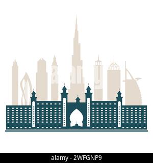 Die Silhouette der Wolkenkratzer der Vereinigten Arabischen Emirate. Dubai Gebäude, Hotels und Symbolvektorillustration. Skyline von Dubai. Türme und Wahrzeichen der Stadt Stock Vektor