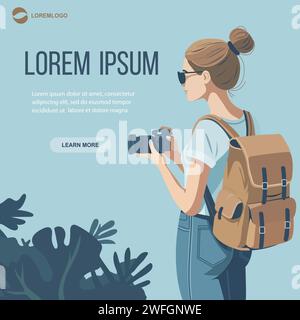Vektor-Illustration Mädchen mit Kamera und Rucksack. Reiseurlaub Tourismus professioneller Fotograf. Künstlerische Tätigkeit und Fotografie Kurse Stock Vektor