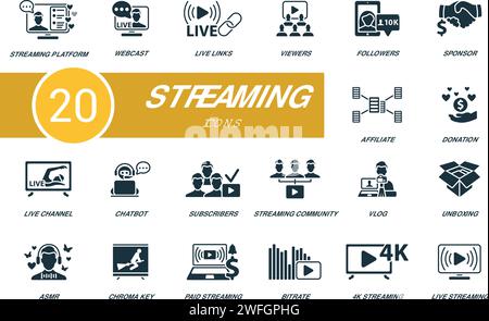 Streaming-Set. Kreative Symbole: Streaming-Plattform, Webcast, Live-Links, Zuschauer, Follower, Sponsor, Affiliate, Spende, Live-Kanal, Chatbot Stock Vektor