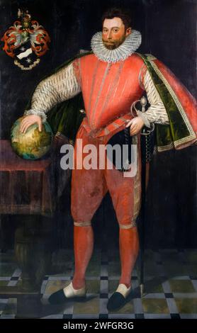 Sir Francis Drake (1540–1596), englischer Entdecker, Portraitgemälde in Öl auf Tafel, um 1581 Stockfoto