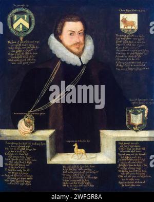 Sir Christopher Hatton (1540–1591), englischer Politiker und Lord Chancellor of England, Portraitgemälde in Öl auf Tafel, 1588-1591 Stockfoto