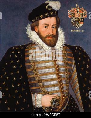 Sir Christopher Hatton (1540–1591), englischer Politiker und Lord Chancellor of England, Portraitgemälde in Öl auf Tafel, 1600-1699 Stockfoto