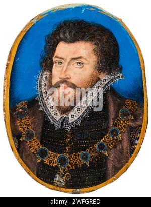 Sir Christopher Hatton (1540–1591), englischer Politiker und Lord Chancellor of England, Porträt-Miniatur-Aquarellmalerei auf Pergament von Nicholas Hilliard, nach 1588 Stockfoto