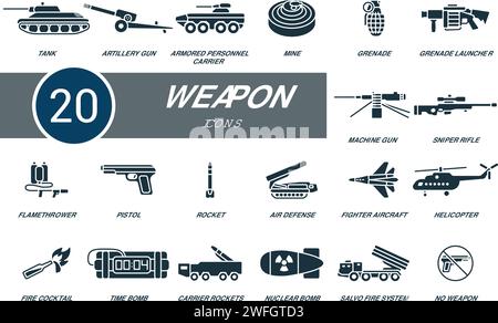 Waffensatz. Kreative Ikonen: Panzer, Artilleriegewehr, gepanzerter Personalträger, Mine, Granate, Granatwerfer, Maschinengewehr, Scharfschützengewehr, Flammenwerfer Stock Vektor