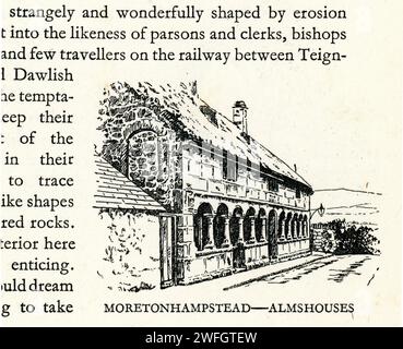 Skizze mit Stift und Tinte. Moreton Hampstead, Dartmoor, Devon, Medieval Almshouses - Illustration aus dem Buch Glorious Devon, herausgegeben von S.P.B. Mais, herausgegeben von London Great Western Railway Company, 1928 Stockfoto