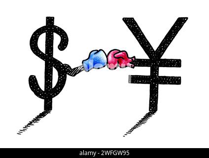 Handgezeichnete Zeichnung des US-Dollarzeichens, das das Währungssymbol des chinesischen Yuan oder des japanischen Yen in einem Boxspiel herausfordert. Wirtschaftliches Konzept für Excha Stockfoto