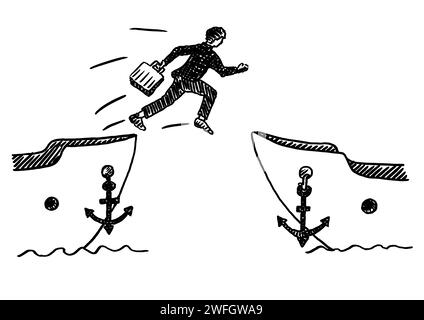 Handgezeichnete Filzstiftzeichnung eines Geschäftsmannes, der Schiff springt, mit Portfolio in der Hand. Geschäftskonzept für das Abbrechen von Aufgaben, das Abtreten, das Beenden von Jobs, das Beitreten Stockfoto