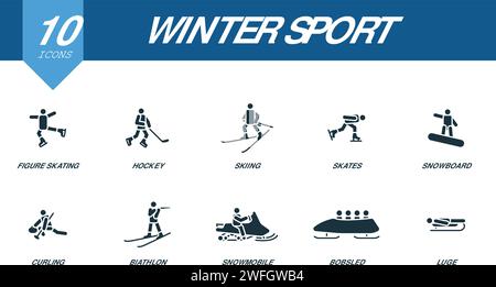 Wintersport-Symbole Set. Kreative Symbole: Eiskunstlauf, Hockey, Skifahren, Skates, Snowboard, Eisstockschießen, Biathlon, Schneemobil, Rodeln. Stock Vektor