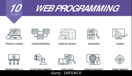 Kontursymbole für Webprogrammierung festgelegt. Kreative Symbole: Projektstart, Cross-Browsing, Website-Tests, Validierung, Codierung, Brainstorming und vieles mehr Stock Vektor