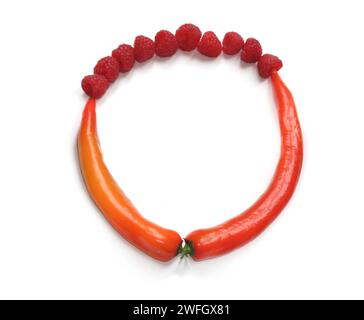 Buchstabe O, Zahl 0, kreisförmiger Rahmen aus Himbeere, rote orange Chili Paprika alphabetische ABC-Großbuchstaben aus Chili, Pfeffer, für Text, Menükarte Stockfoto