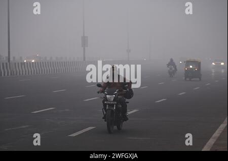 Neu-Delhi, Delhi, Indien. Januar 31, 2024. Ein Mann fährt am 31. Januar 2024 im dichten Nebel in Neu-Delhi, Indien, mit dem Fahrrad auf einer Autobahn (Foto: © Kabir Jhangiani/ZUMA Press Wire) NUR REDAKTIONELLE VERWENDUNG! Nicht für kommerzielle ZWECKE! Stockfoto