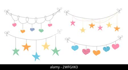 Flaggengirlande Fahnenherz, Star Geburtstagsfeier Wohnung Set. Jubiläumsfeier, Party hängende Flaggen Zeichentrickkollektion. Buntfarbene Wimpel, Festival Stock Vektor