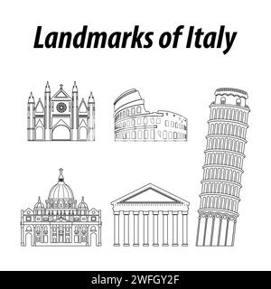 Bündel von berühmten Wahrzeichen Italiens durch Silhouette Umrissstil, Vektor-Illustration Stock Vektor