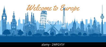 Europa berühmte Wahrzeichen durch Silhouette Stil mit weißer und blauer Farbe, Vektorillustration Stock Vektor