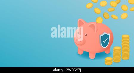 Münzen, die in eine Sparkasse fallen: Erfolgreiche Investitionen, Einlagen- und Bankkonzept, Banner mit Kopierraum Stock Vektor