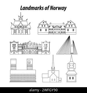 Set von Norwegen berühmten Wahrzeichen durch Silhouette Umrissstil, Vektor-Illustration Stock Vektor