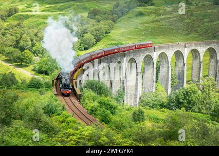 Die Jacobite-Dampfeisenbahn auf dem Glenfinnan-Viadukt in North West Highlands, Schottland, Großbritannien Stockfoto