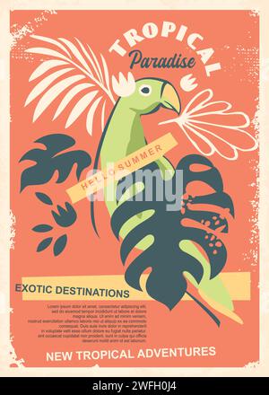 Tropisches Paradies Werbeplakat für Reisen mit grünem Amazonas-Papagei und Blättern und Pflanzen. Vintage-Flyer für exotische Sommerziele. Vogel Stock Vektor