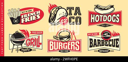 Set mit Etiketten und Logos für Fast-Food-Restaurants. Vektorburger und Hot Dogs Aufkleber. Grill- und Grillembleme. Stock Vektor