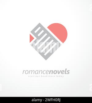 Romantische Romane und Liebesgeschichten minimales Logo-Design für Buchladen. Kreative Symbolidee mit Herzform und Buchseite im Negativraum. Stock Vektor