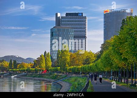 Rhein und Wilhelm-Spiritus-Ufer mit langer Eugen und Postturm, Deutschland, Nordrhein-Westfalen, Bonn Stockfoto