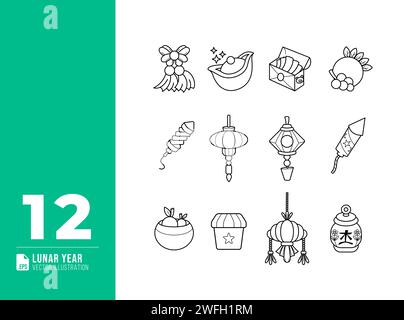 Hand gezeichnetes chinesisches Neujahrskritzelvektor-Elemente Set. Lunar Year Design Illustration. Stock Vektor